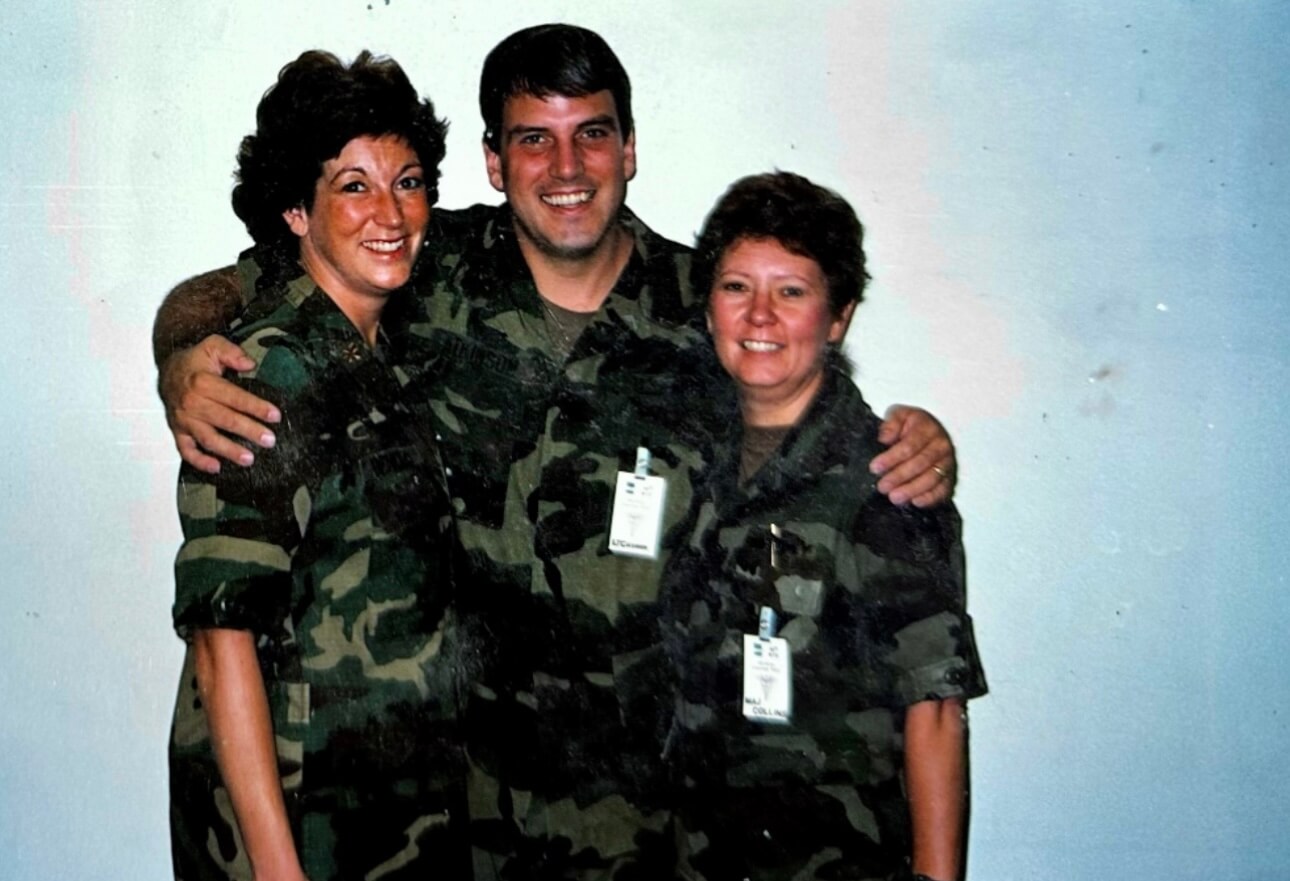 LTC Collins-Davis (right) pictured with fellow Army nurses, Robin Benchart (left) and Sid Atkinson, M.D. (middle) in 1986 at the 339th Hospital in Richmond, Virginia.