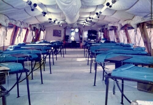An army field hospital tent used for training simulations. 