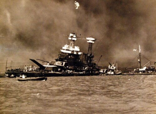 USS California after the attack on December 7. Official US Navy photograph 80-G-32740, courtesy of Naval History and Heritage Command.